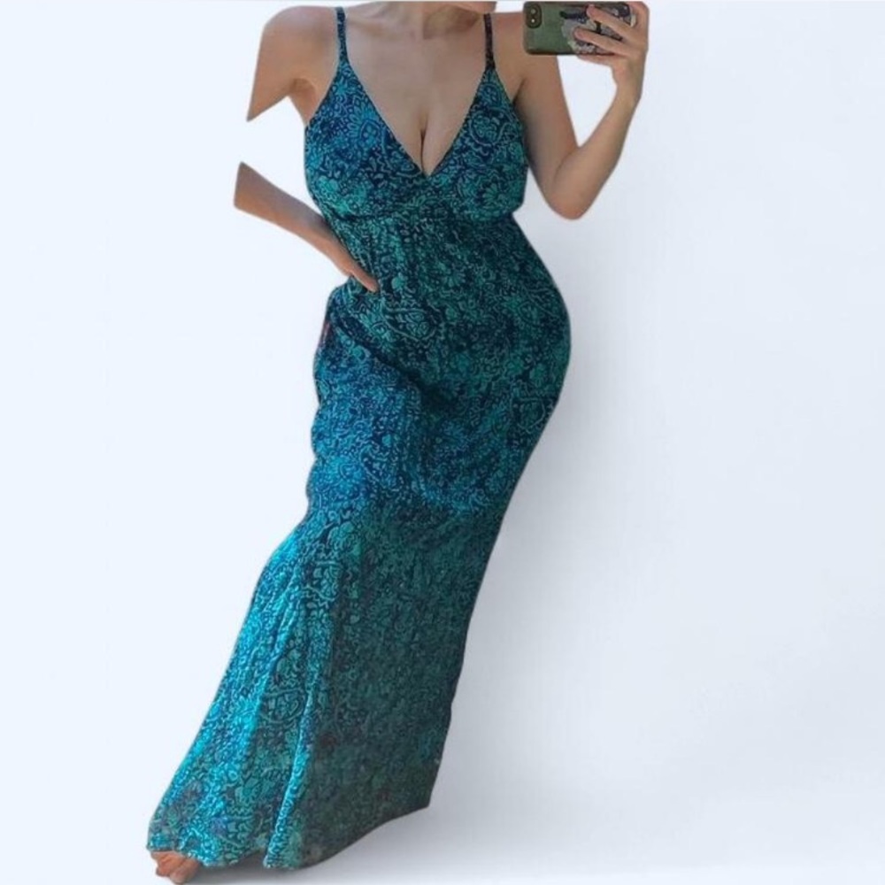 🦋 Vintage Teal Boho Paisley Print Plunge Front Maxi Sundress
